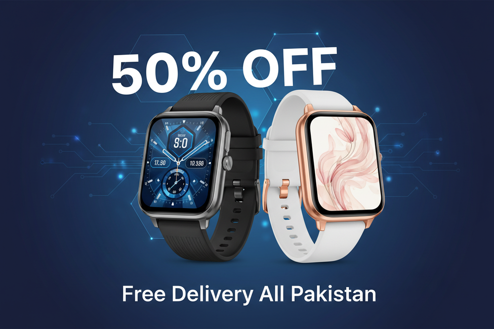 Men's and women's smartwatch promotional banner with 50% off and free delivery